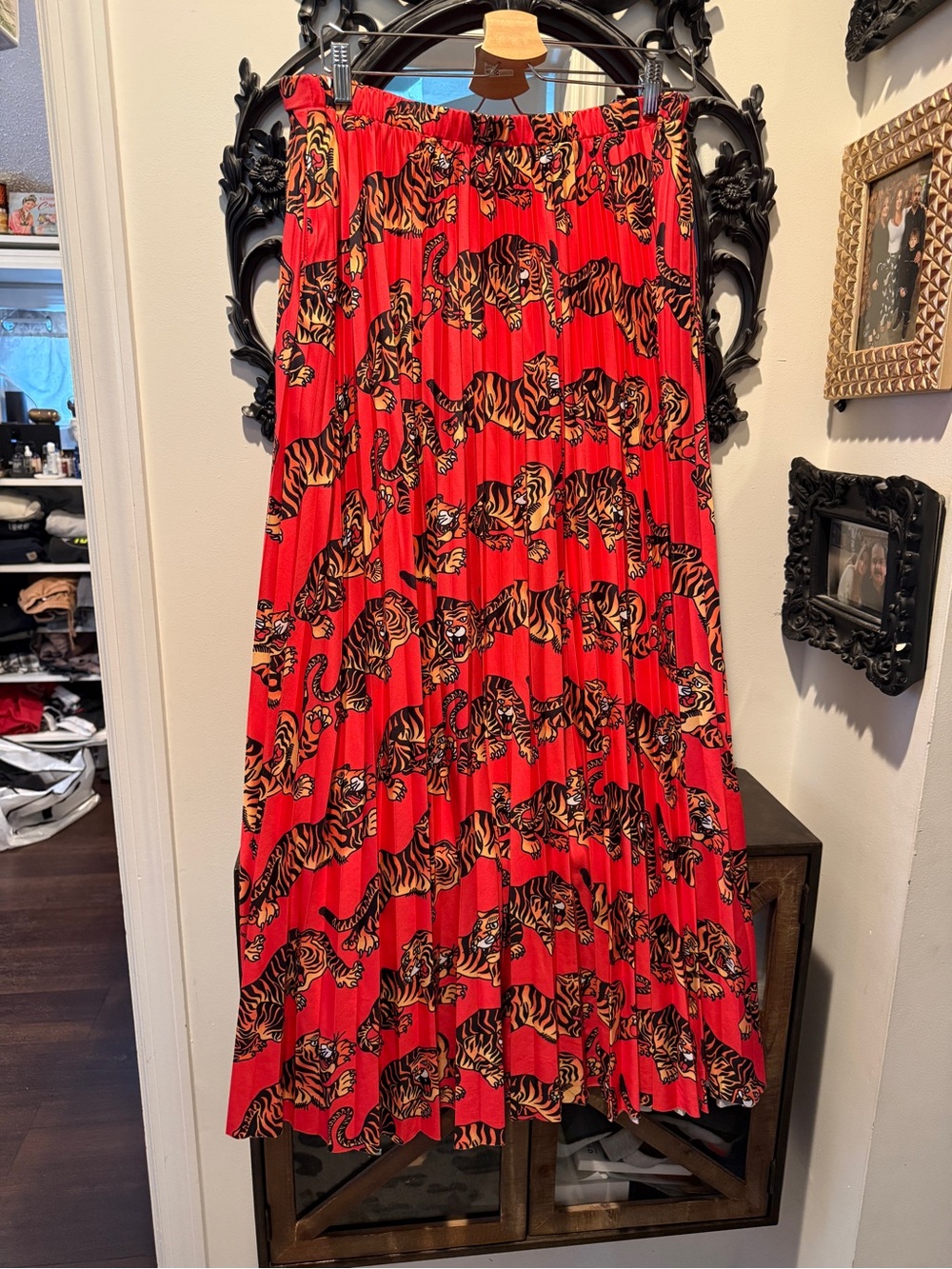 Dressed in LaLa Red Tiger Print Pleated Maxi Skirt XL